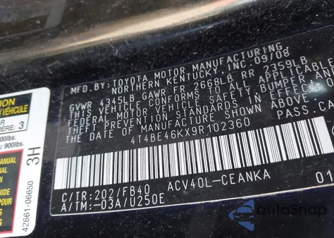 2009 Toyota Camry Le z USA, uszkodzony, nr VIN 4T4BE46KX9R102360